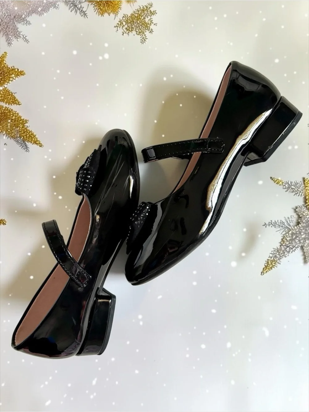 Kelly & Katie Bow Dress Flats Black Patent Rhinestone Girls Size 12 EUC